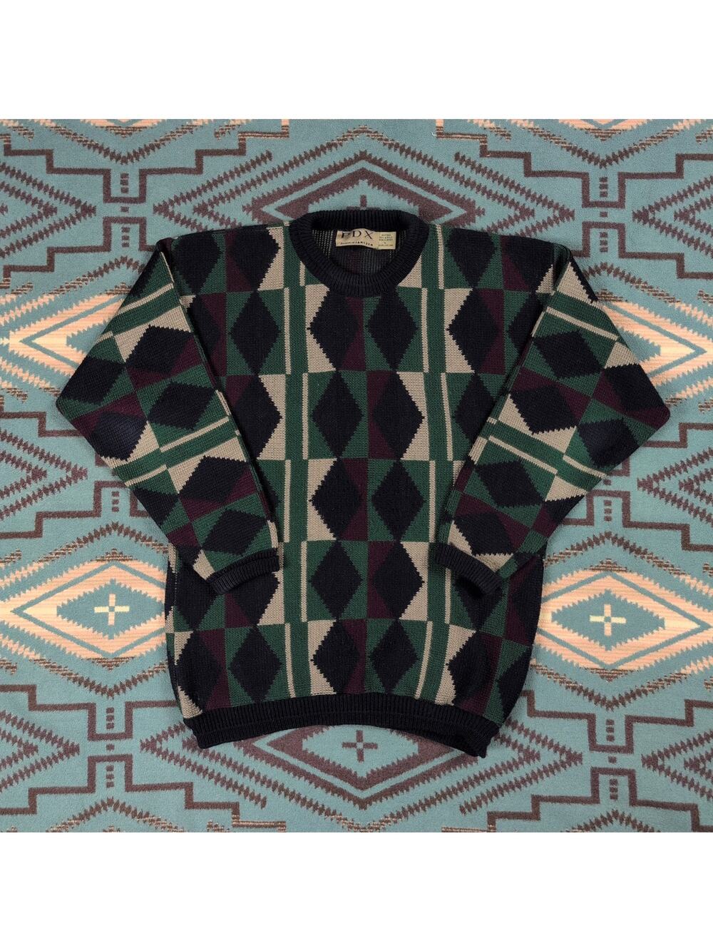 90s PDX Division of Jantzen Geometric Knit Sweater Crew Neck Green Navy L